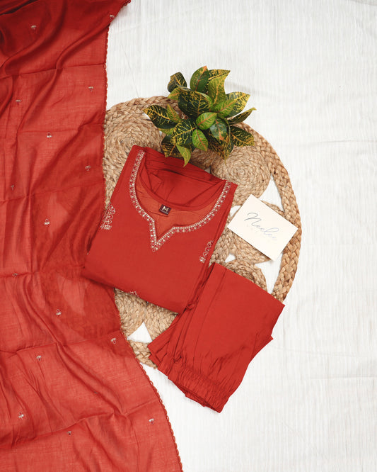 Mul Chanderi A-Line Kurta Set with Pant & Dupatta - NV010