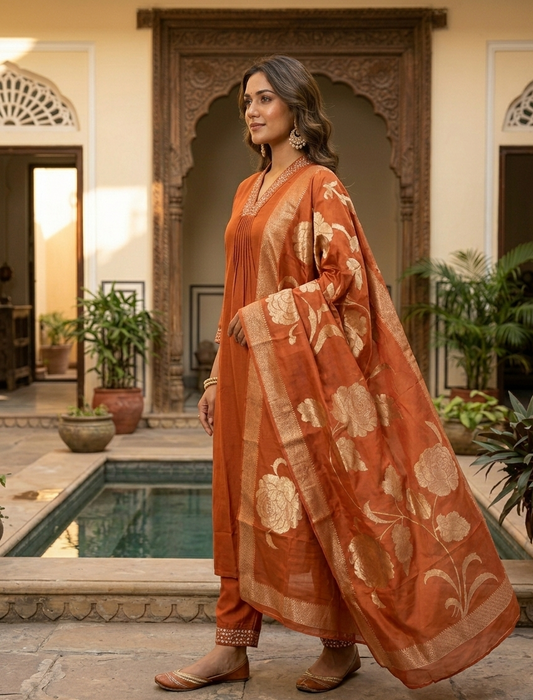 Roman Silk Straight Kurtha Set with Pant & Dupatta - NV026