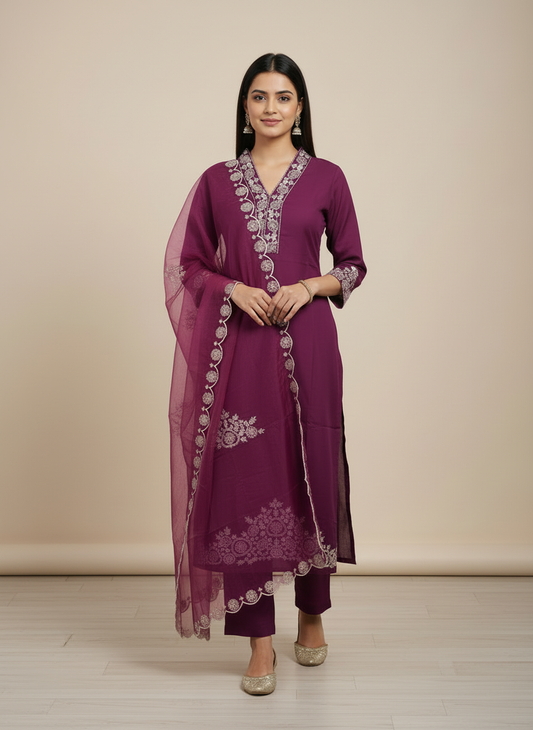 Roman Silk Straight Kurthi Set with Pant & Dupatta - NV013