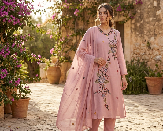 Mul Chanderi A-line Kurtha set with Pant & Dupatta - NV027