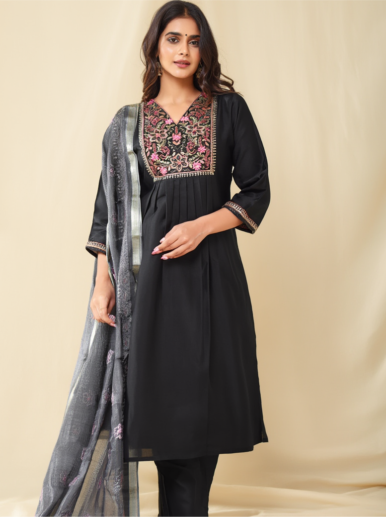 Modal Silk A-Line Kurtha Set with Pant & Dupatta - NV003