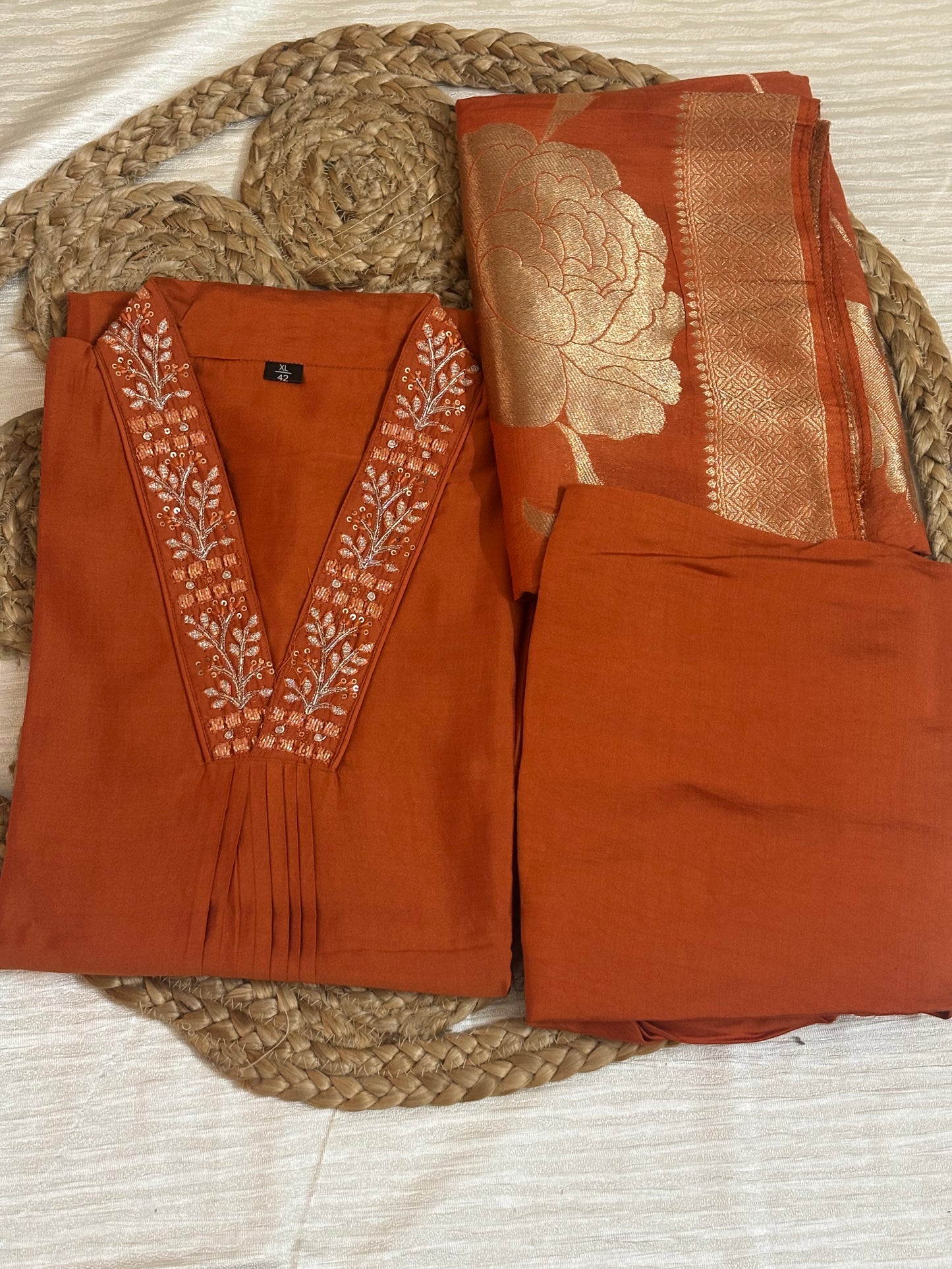 Roman Silk Straight Kurtha Set with Pant & Dupatta - NV026