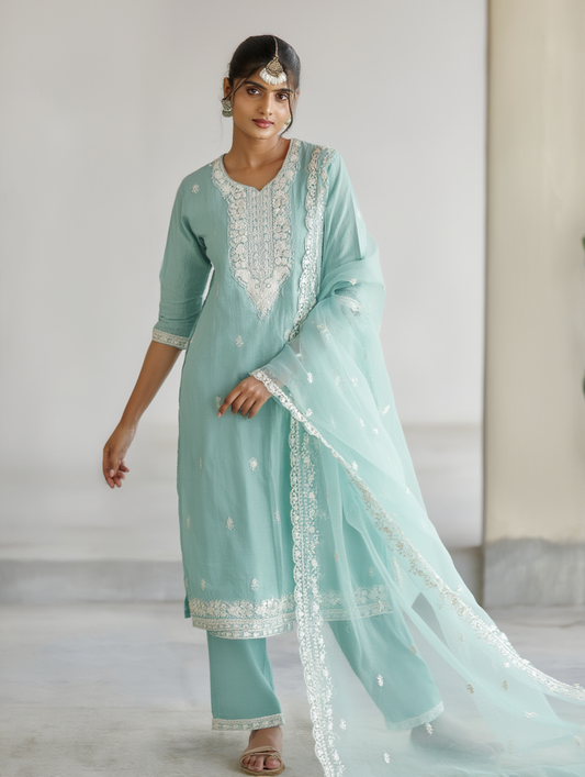 Roman Silk Straight Kurtha Set with Pant & Dupatta - NV015