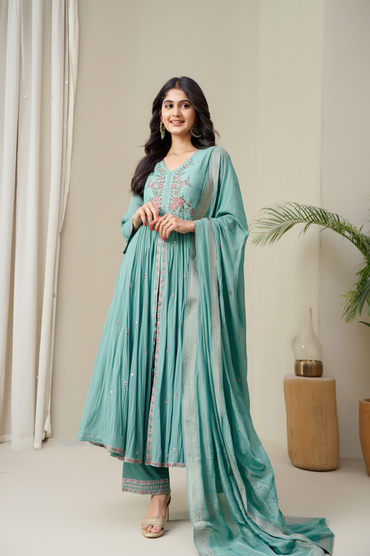 Middle-Slit Kurtha Set with Embroidered Pants & Banarasi Dupatta - NV006