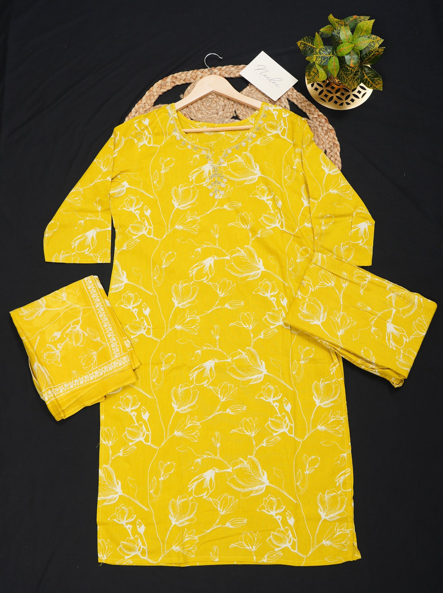 Cotton Straight Kurtha Set with Pant & Dupatta - NV022