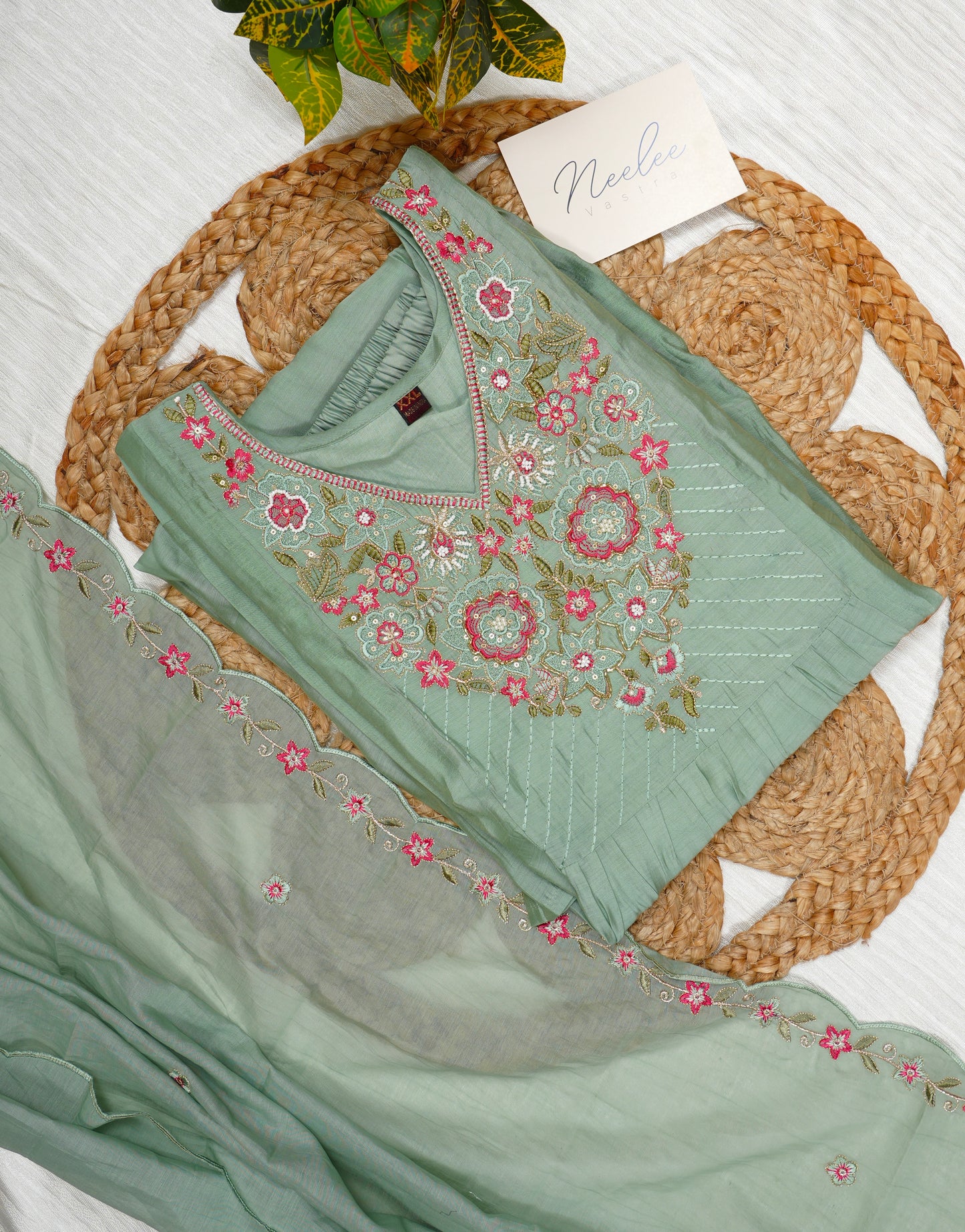 Mul Chanderi Embroidered A-Line Kurta Set with Pant and Embroidered Dupatta - NV011