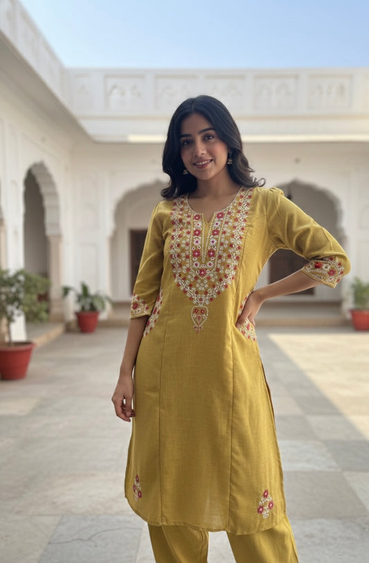 Embroidery Cotton Slub Kurtha Set with Pant - NV014
