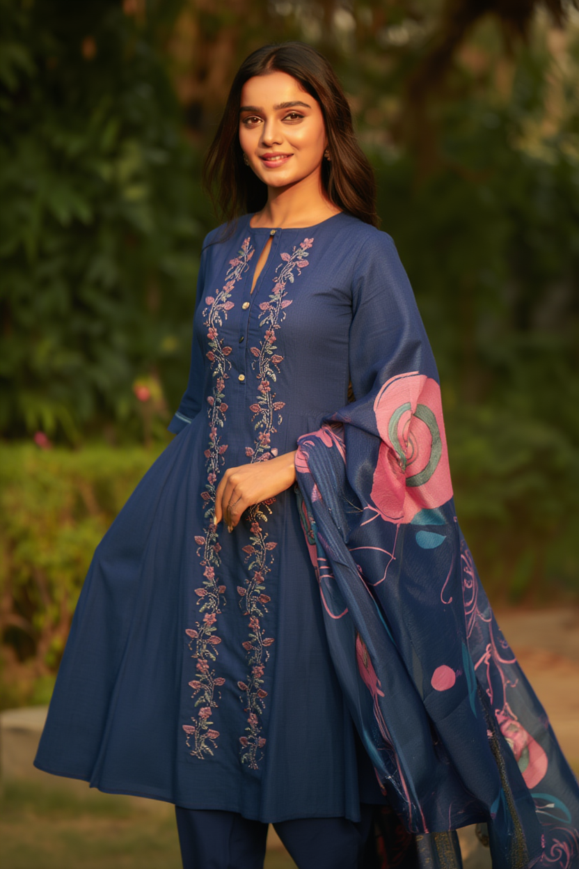 Vertican Silk A-Line Kurta Set with Pant & Dupatta - NV012