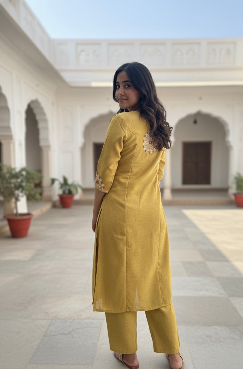 Embroidery Cotton Slub Kurtha Set with Pant - NV014