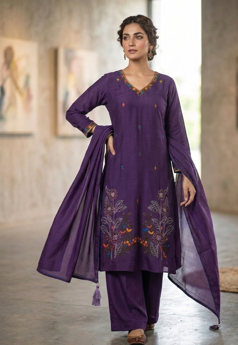 Mul Chanderi A-line Kurtha set with Pant & Dupatta - NV028