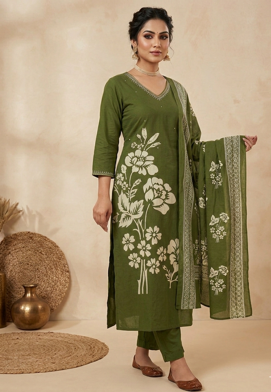 Cotton Straight Kurtha set with Pant & Dupatta - NV029
