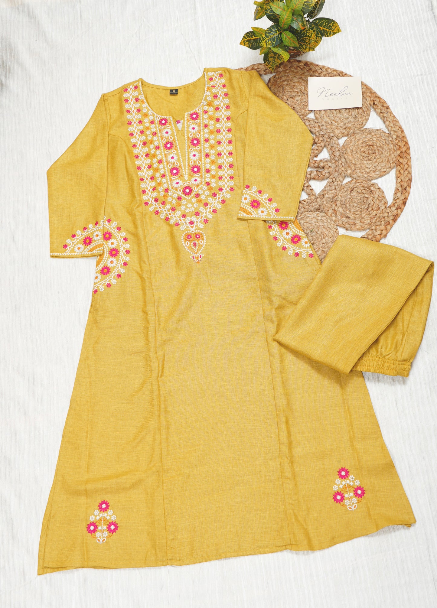 Embroidery Cotton Slub Kurtha Set with Pant - NV014