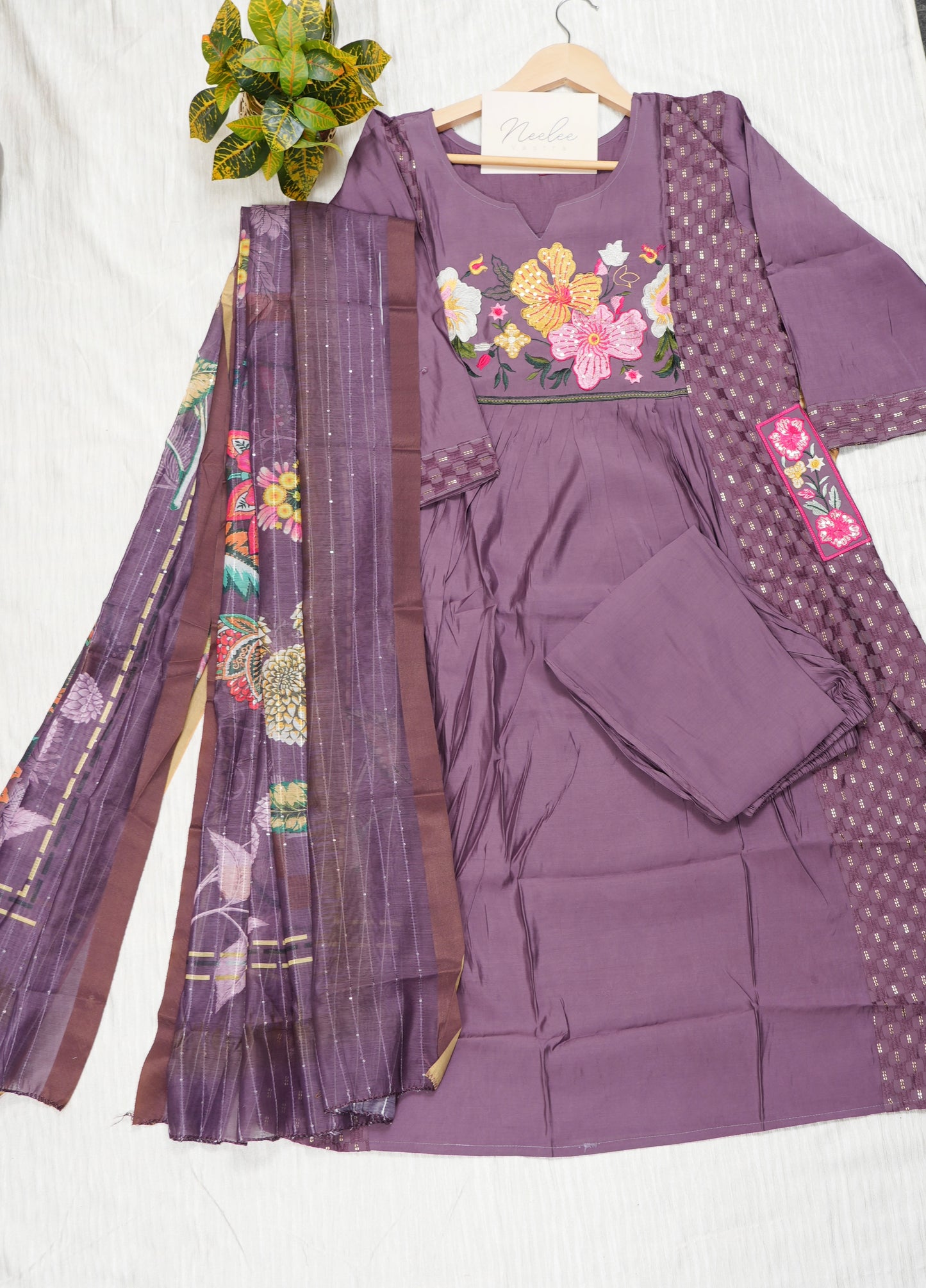 Roman Silk A-line Kurta Set with Pant & Dupatta - NV019