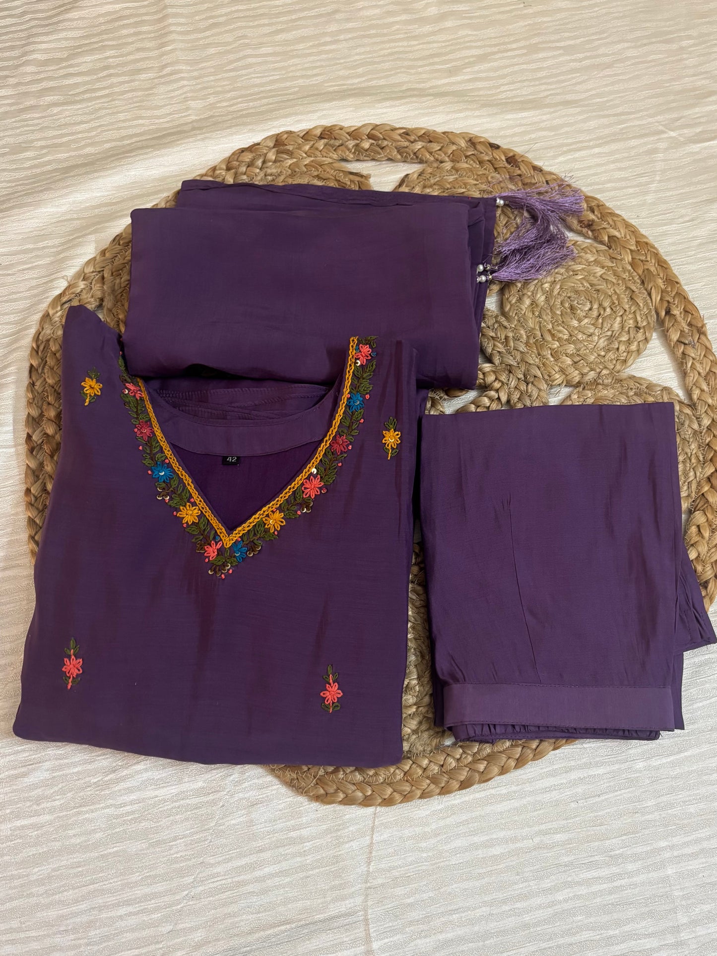 Mul Chanderi A-line Kurtha set with Pant & Dupatta - NV028