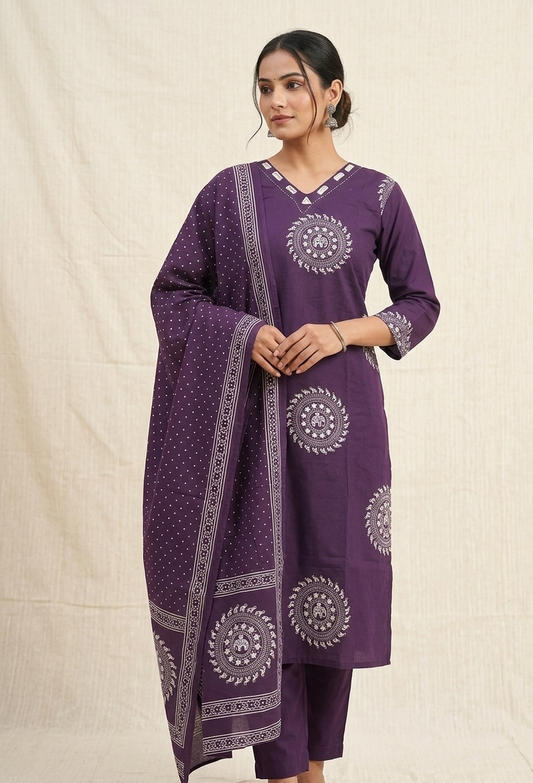 Soft Cotton Straight Kurtha set with Pant & Dupatta - NV030