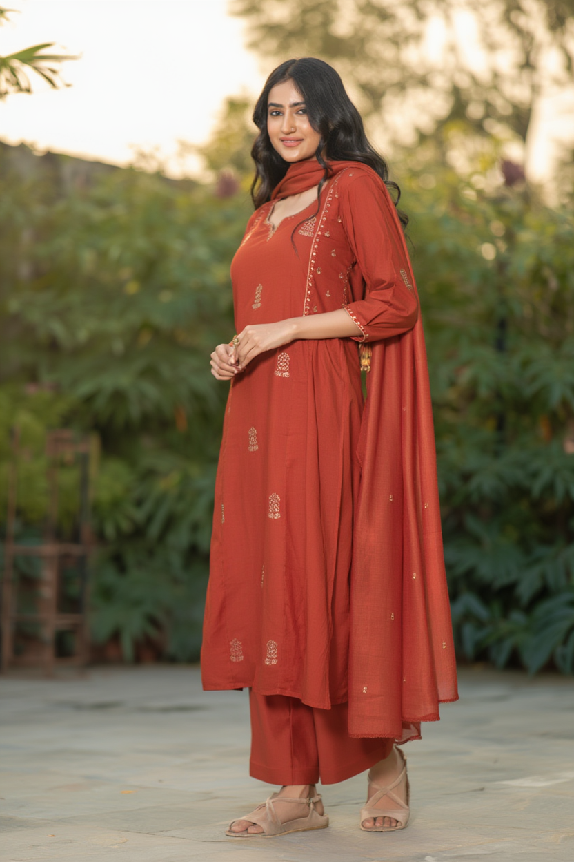 Mul Chanderi A-Line Kurta Set with Pant & Dupatta - NV010