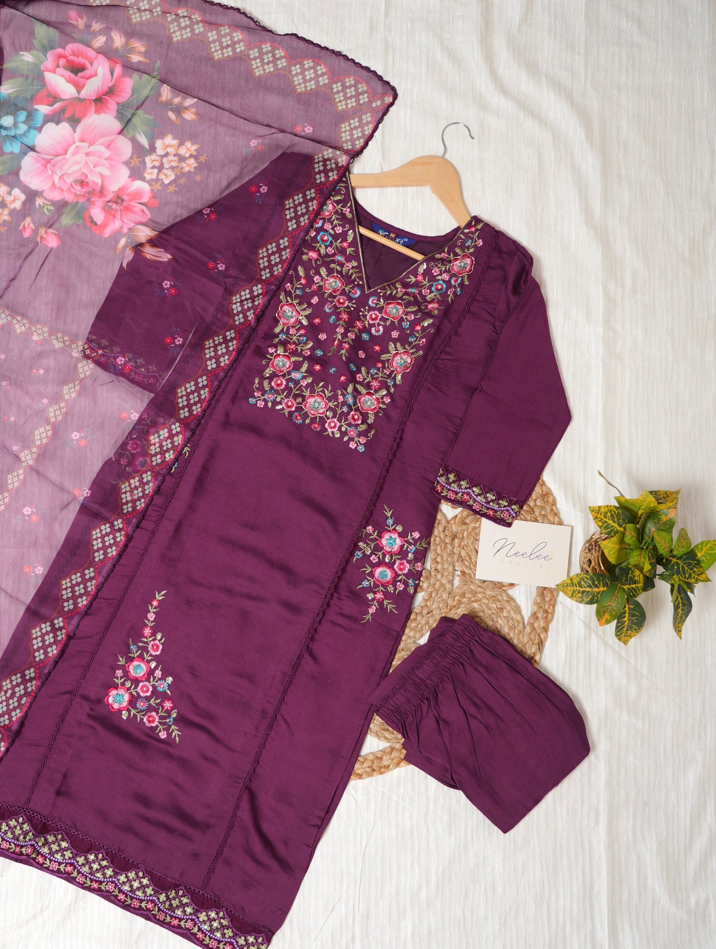 Tussar Silk Straight Kurtha Set with Pant & Dupatta - NV001