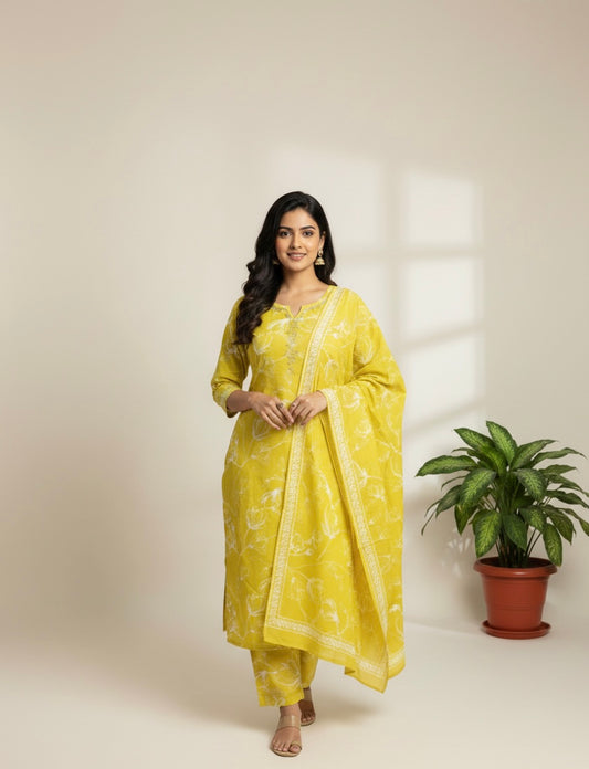 Cotton Straight Kurtha Set with Pant & Dupatta - NV022