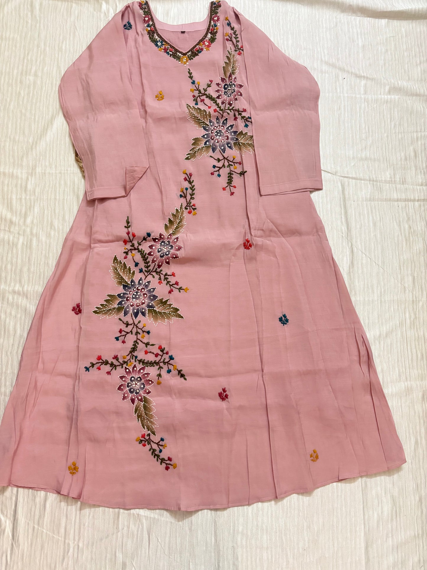 Mul Chanderi A-line Kurtha set with Pant & Dupatta - NV027