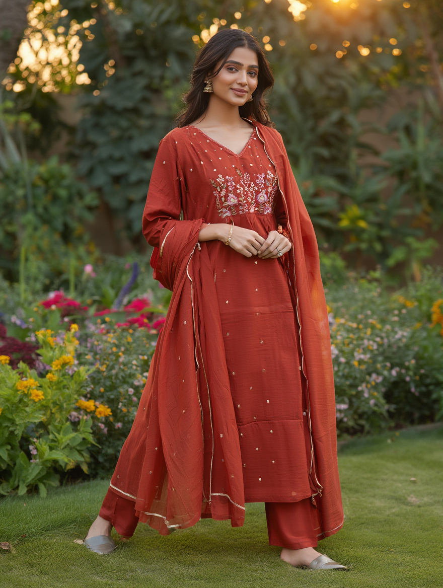 Mul Chanderi A-Line Kurtha Set with Pant & Dupatta - NV002