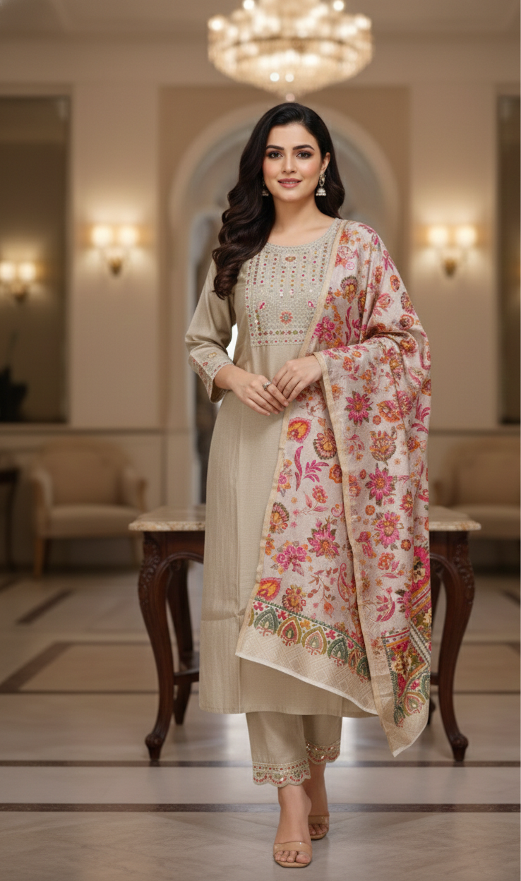 Ruby Cotton Straight Kurtha Set with Pant & Dupatta - NV023