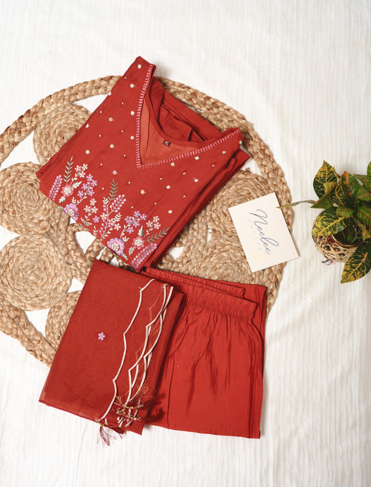 Mul Chanderi A-Line Kurtha Set with Pant & Dupatta - NV002