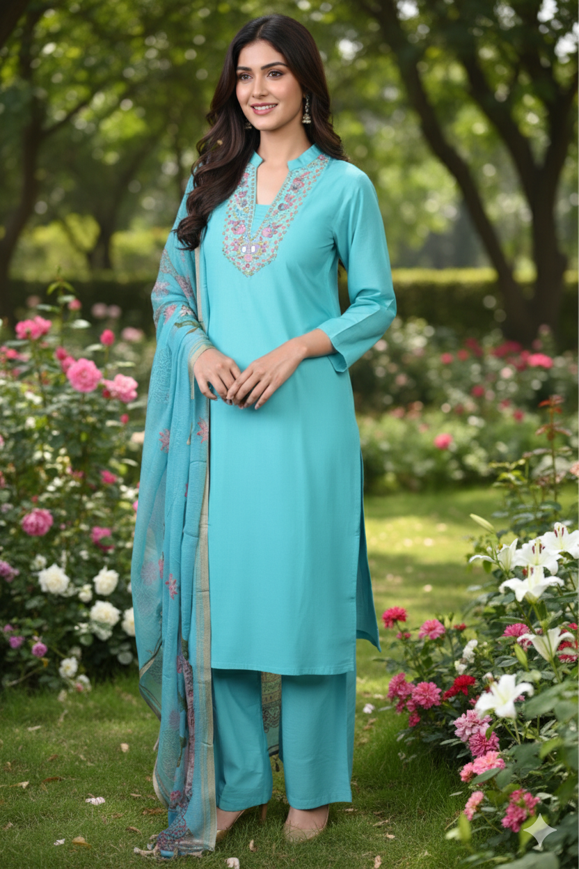 Roman Silk Straight Kurtha Set with Pant & Dupatta - NV008