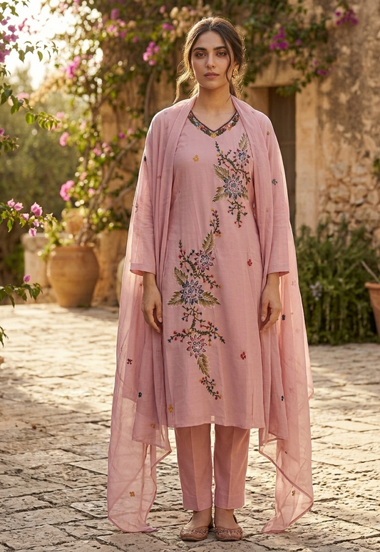 Mul Chanderi A-line Kurtha set with Pant & Dupatta - NV027