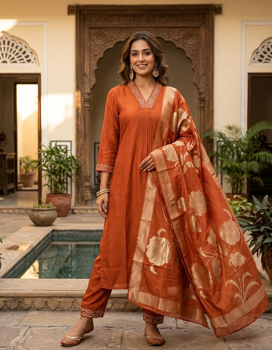 Roman Silk Straight Kurtha Set with Pant & Dupatta - NV026