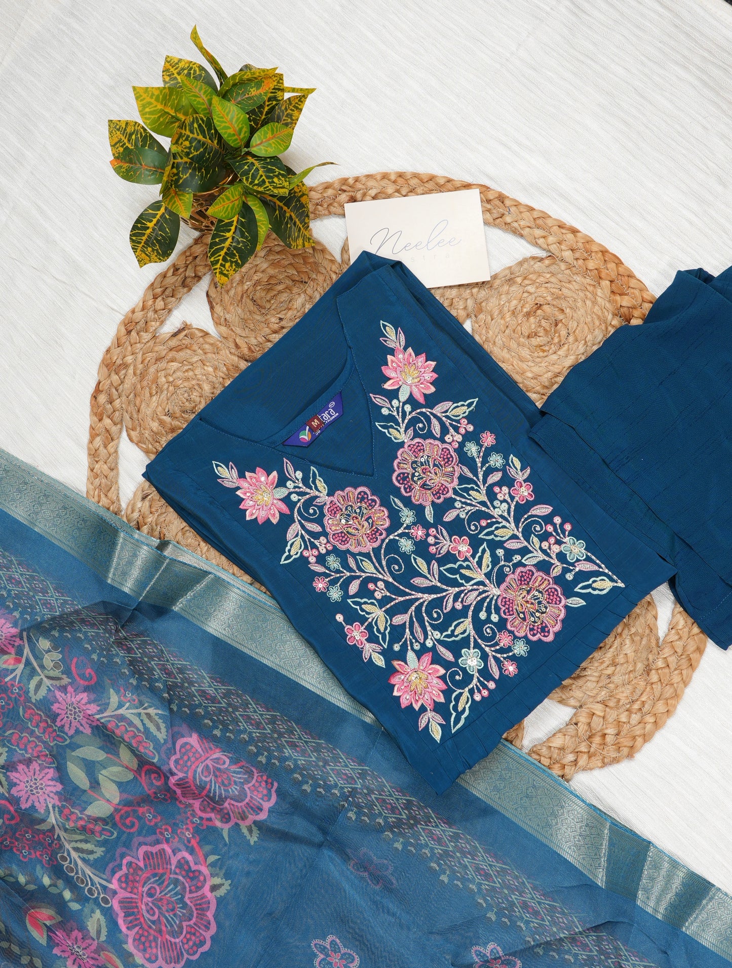 Vertican Silk Embroidered A-Line Kurta with Straight Pant and Printed Dupatta - NV009