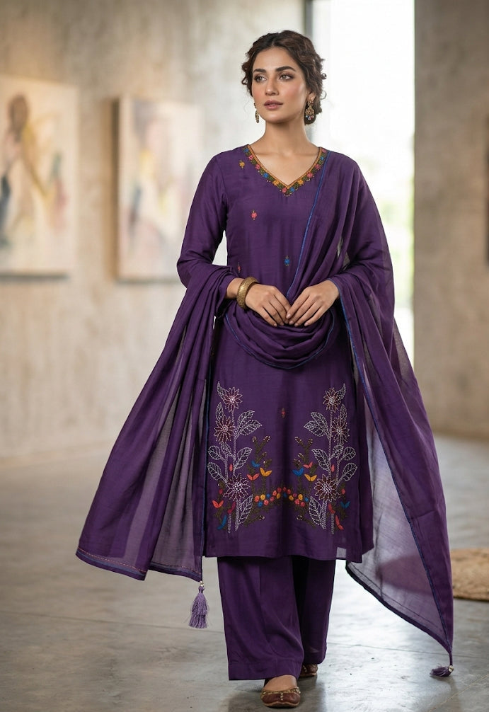 Mul Chanderi A-line Kurtha set with Pant & Dupatta - NV028