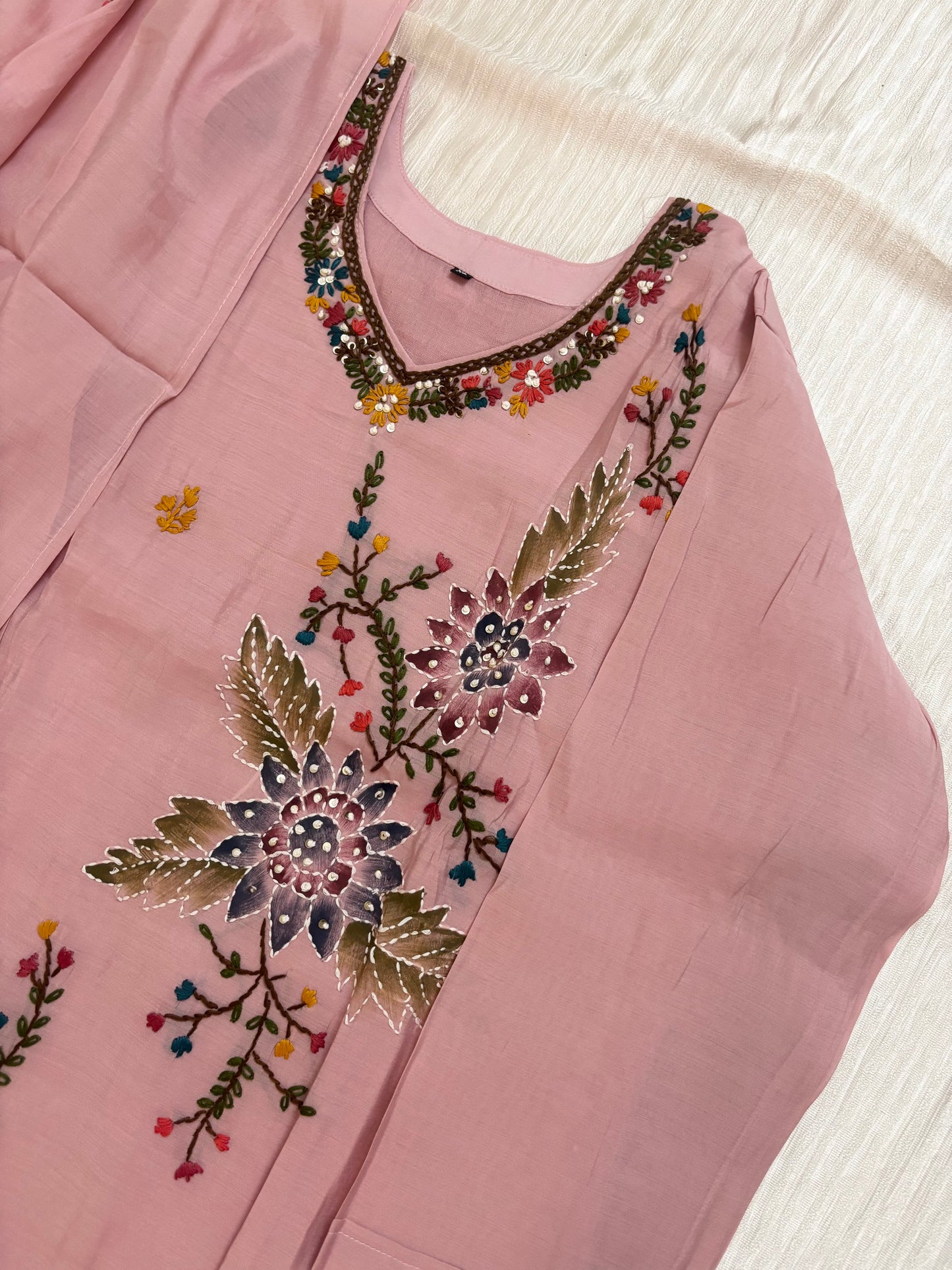 Mul Chanderi A-line Kurtha set with Pant & Dupatta - NV027