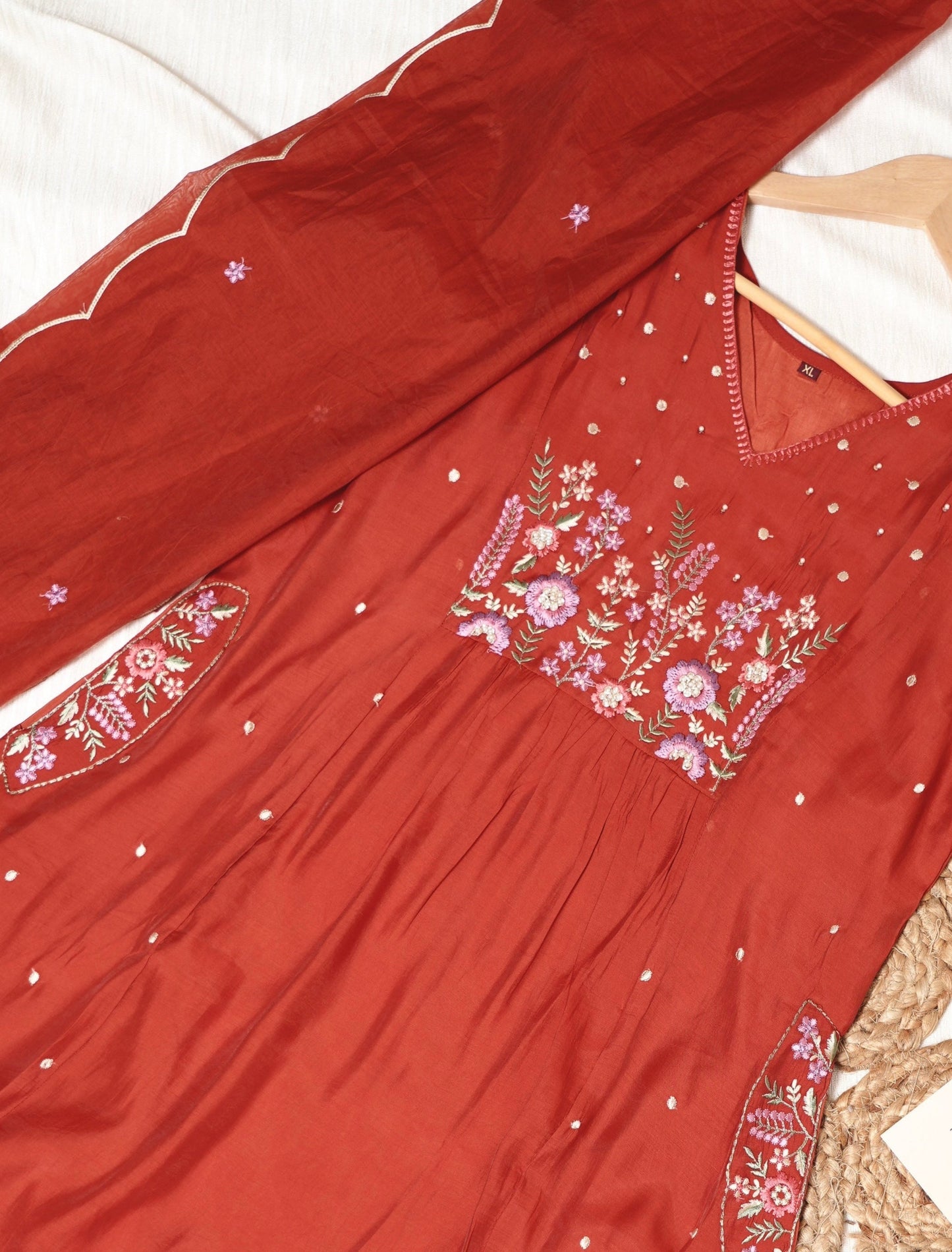 Mul Chanderi A-Line Kurtha Set with Pant & Dupatta - NV002