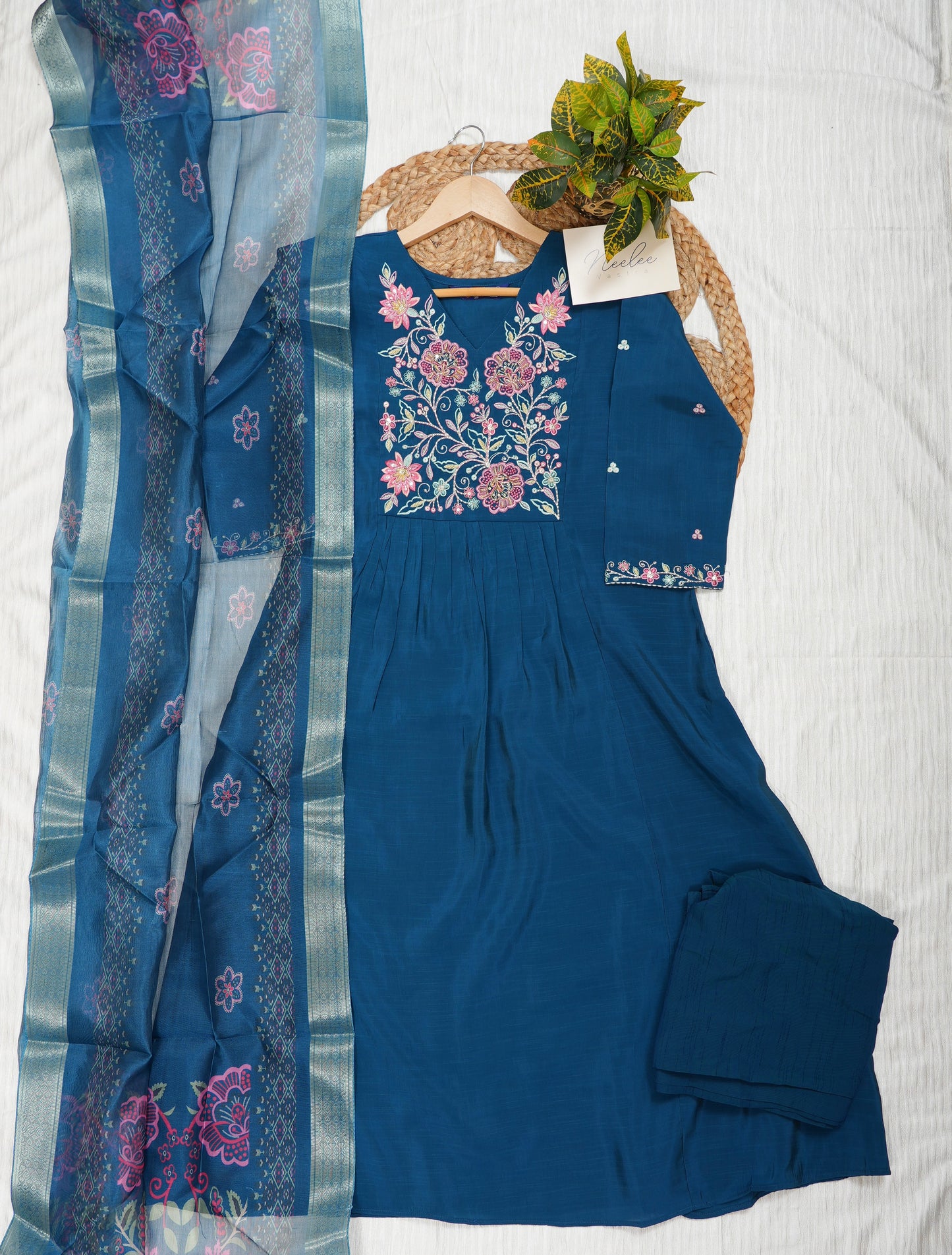 Vertican Silk Embroidered A-Line Kurta with Straight Pant and Printed Dupatta - NV009