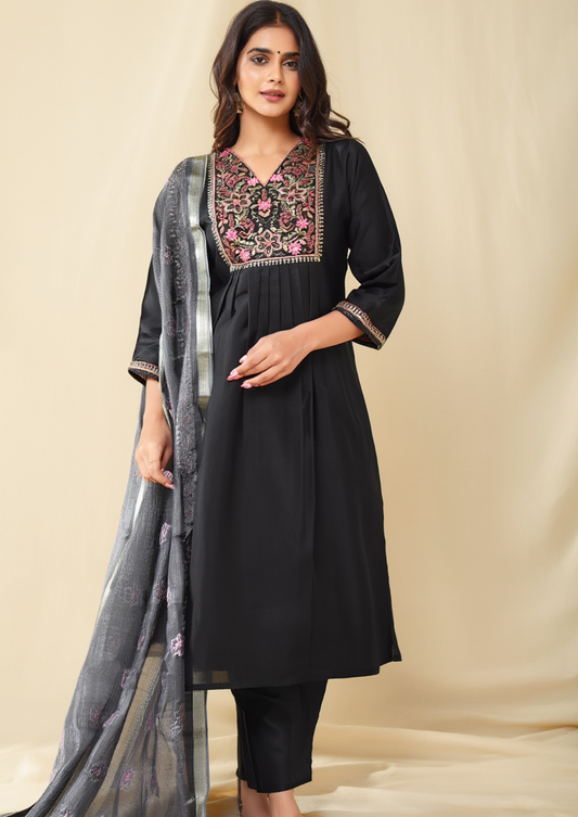 Modal Silk A-Line Kurtha Set with Pant & Dupatta - NV003