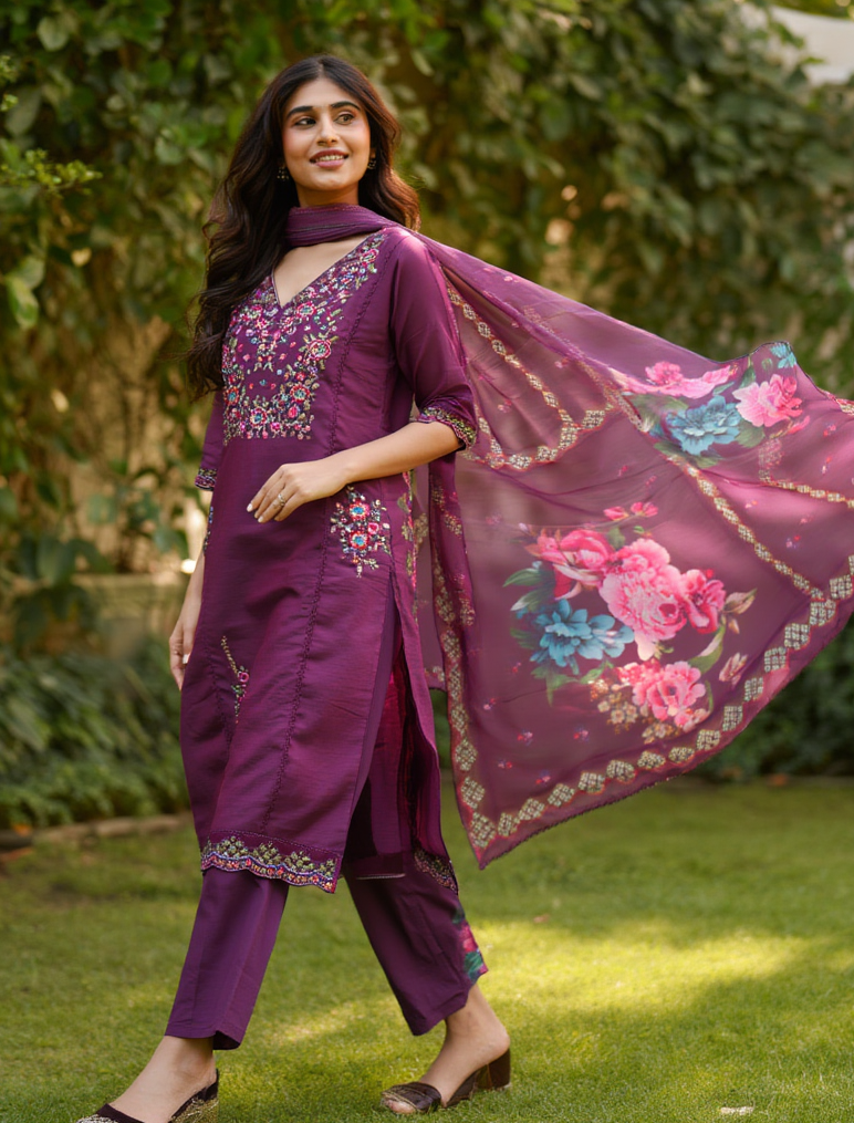 Tussar Silk Straight Kurtha Set with Pant & Dupatta - NV001