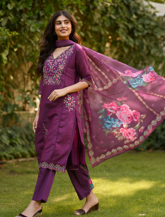 Tussar Silk Straight Kurtha Set with Pant & Dupatta - NV001