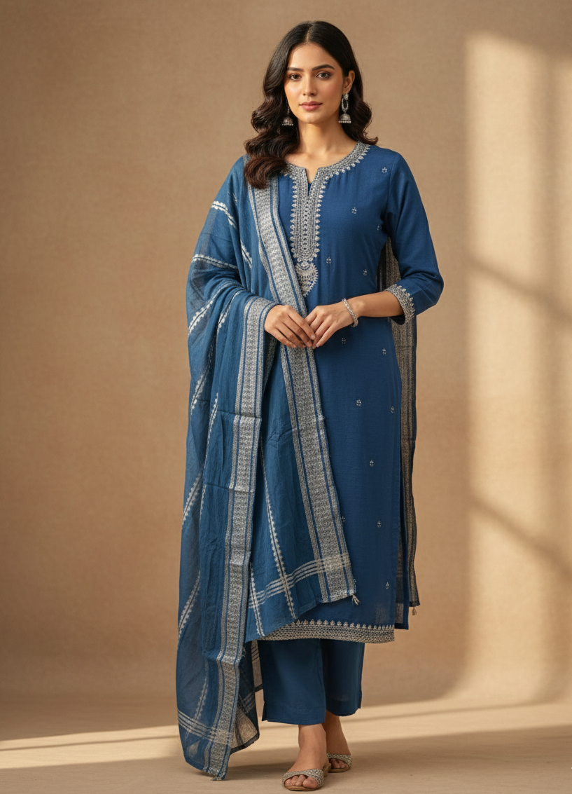 Viscose Straight Kurtha Set with Pant & Banaras Dupatta - NV017