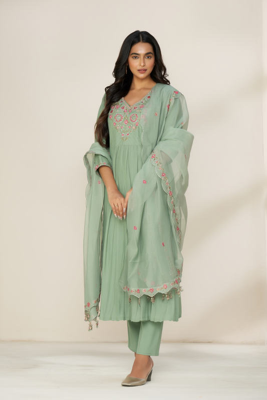 Mul Chanderi Embroidered A-Line Kurta Set with Pant and Embroidered Dupatta - NV011