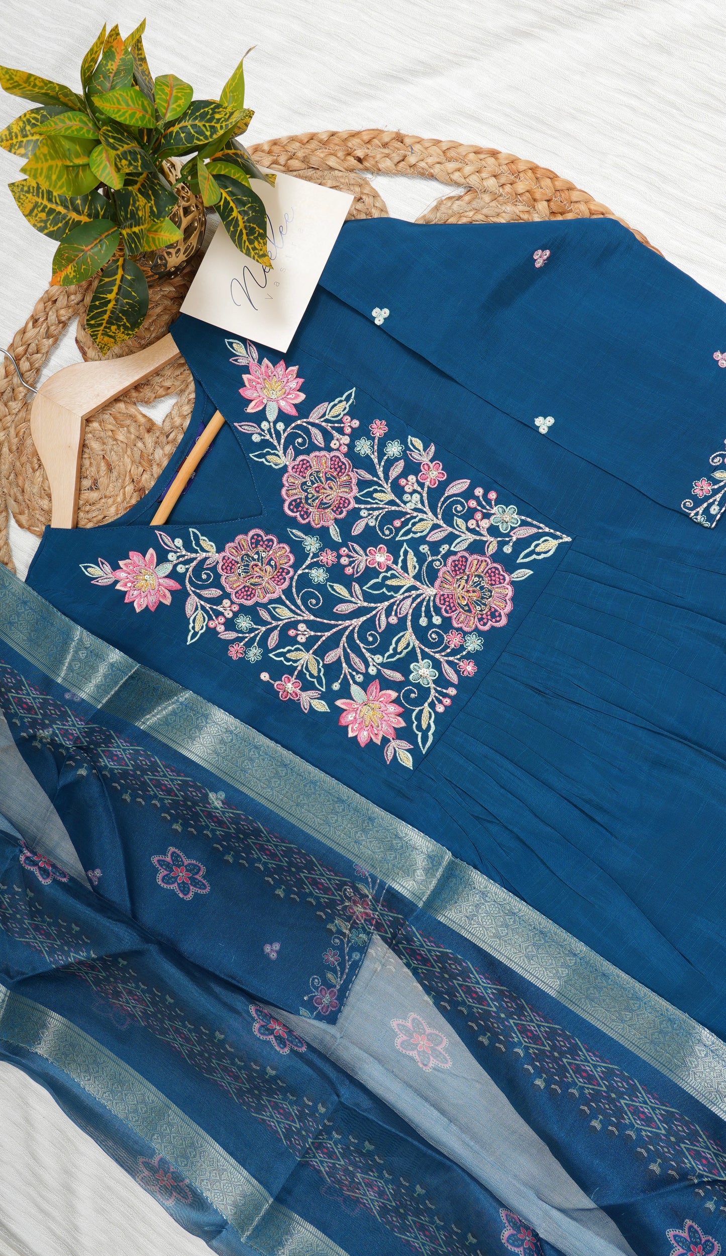 Vertican Silk Embroidered A-Line Kurta with Straight Pant and Printed Dupatta - NV009