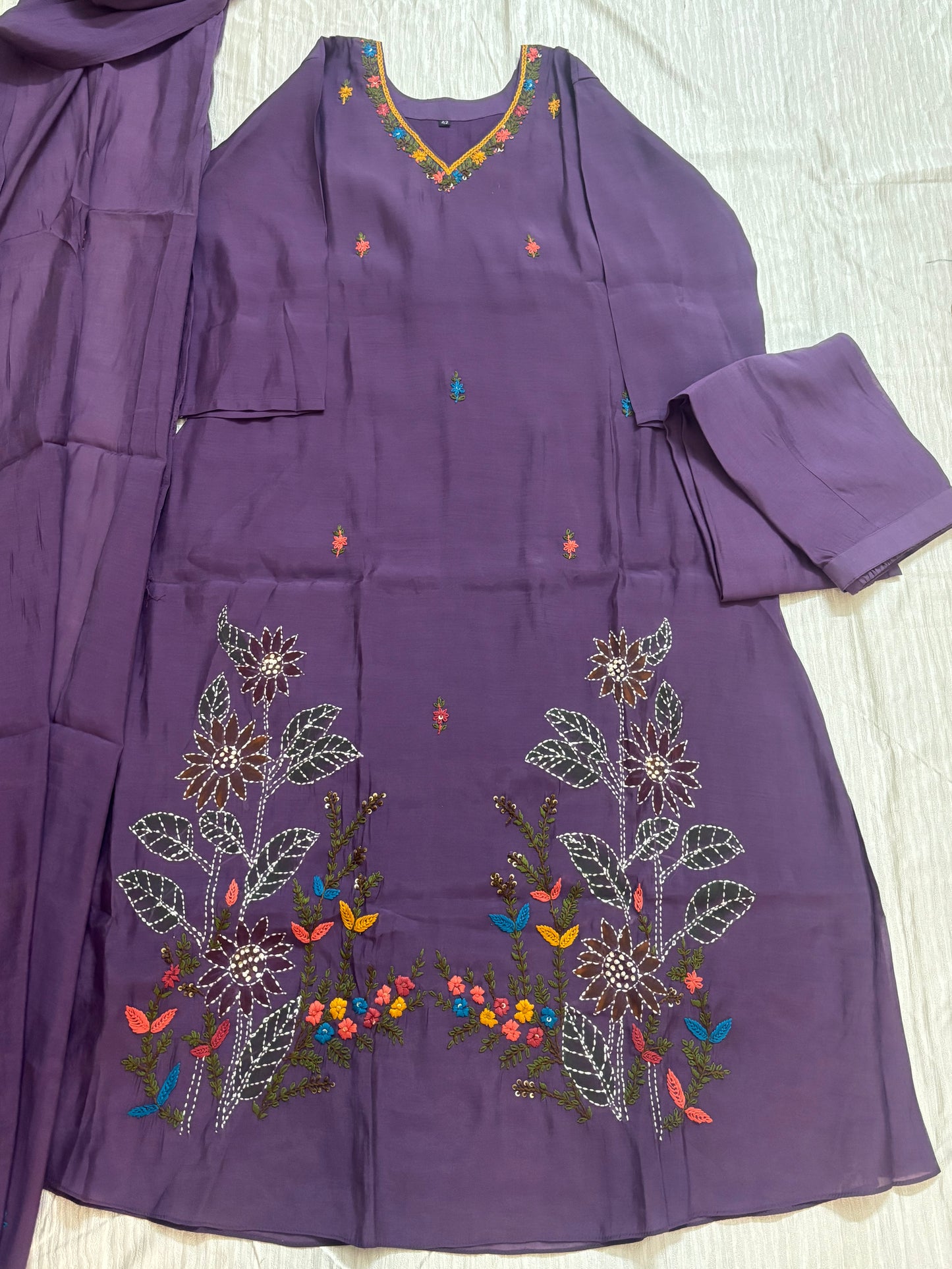 Mul Chanderi A-line Kurtha set with Pant & Dupatta - NV028