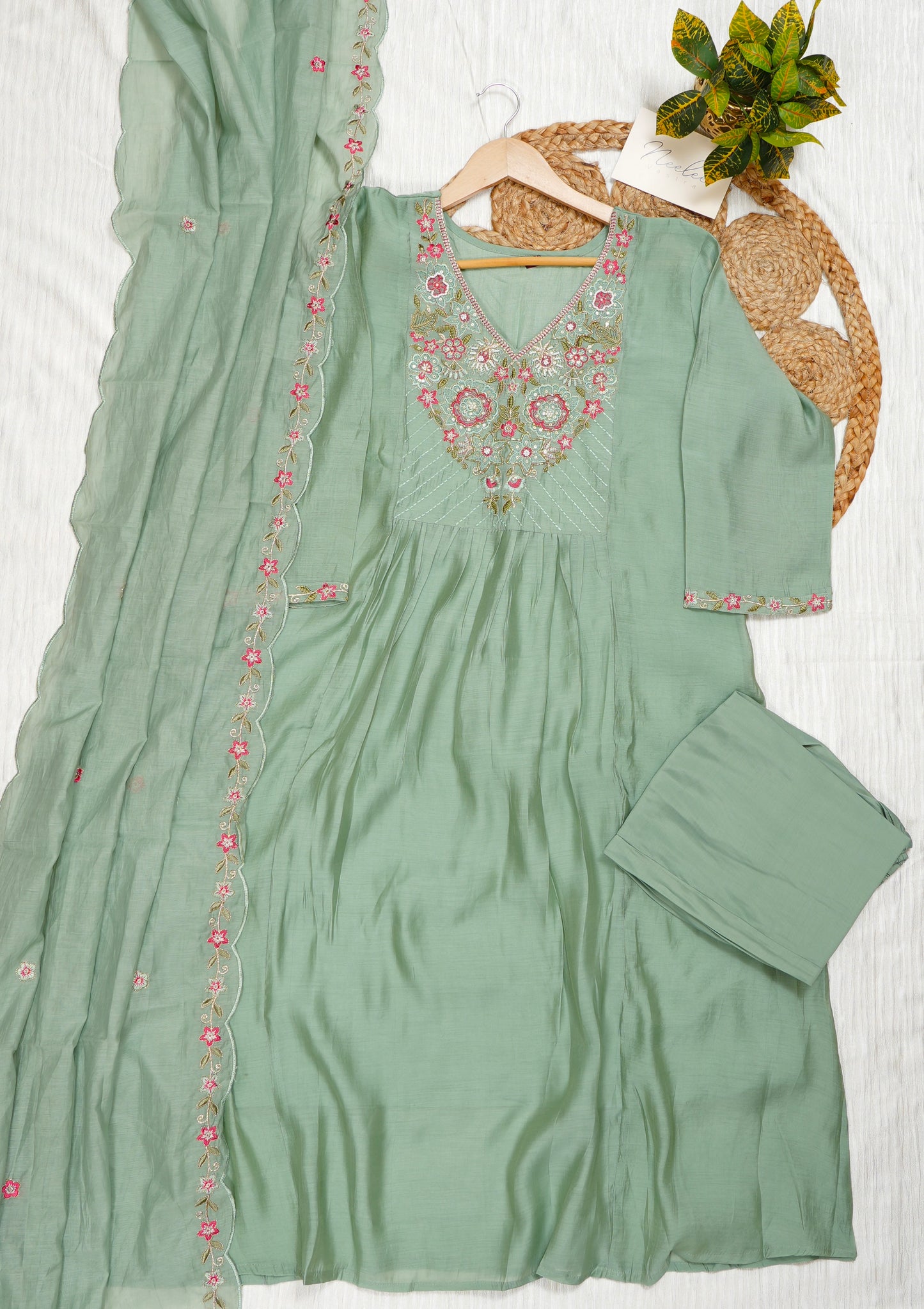Mul Chanderi Embroidered A-Line Kurta Set with Pant and Embroidered Dupatta - NV011