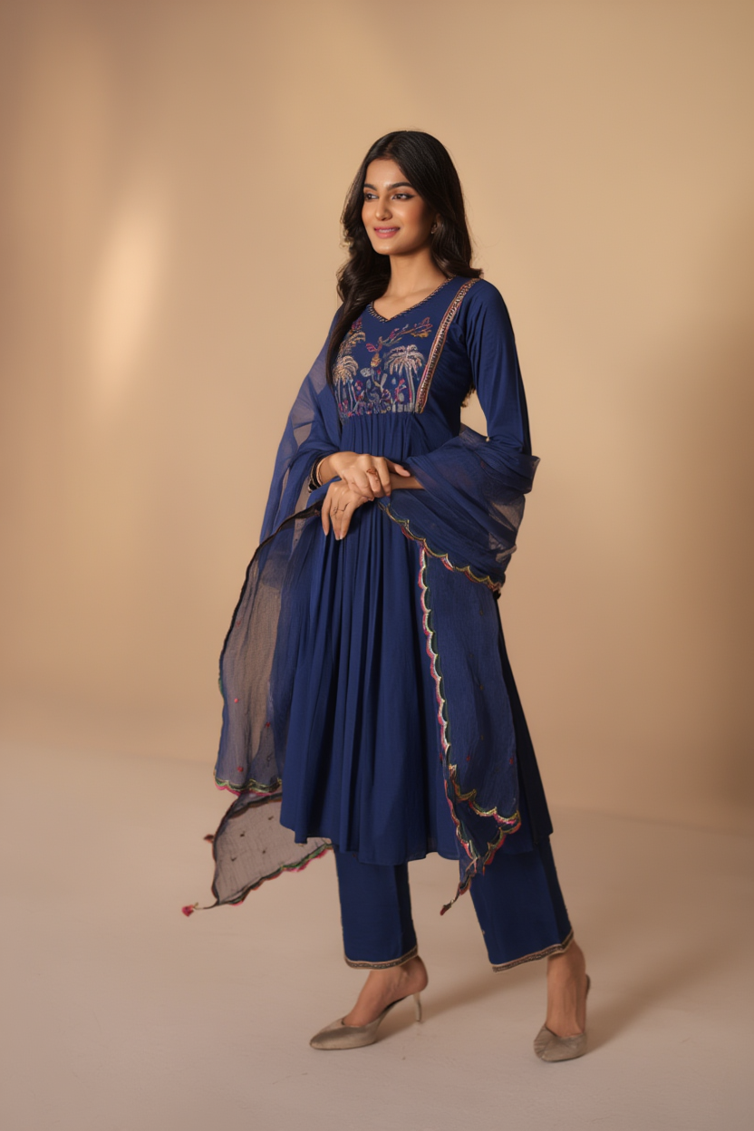 Vertican Silk A-Line Suit Set with Pant & Dupatta - NV004