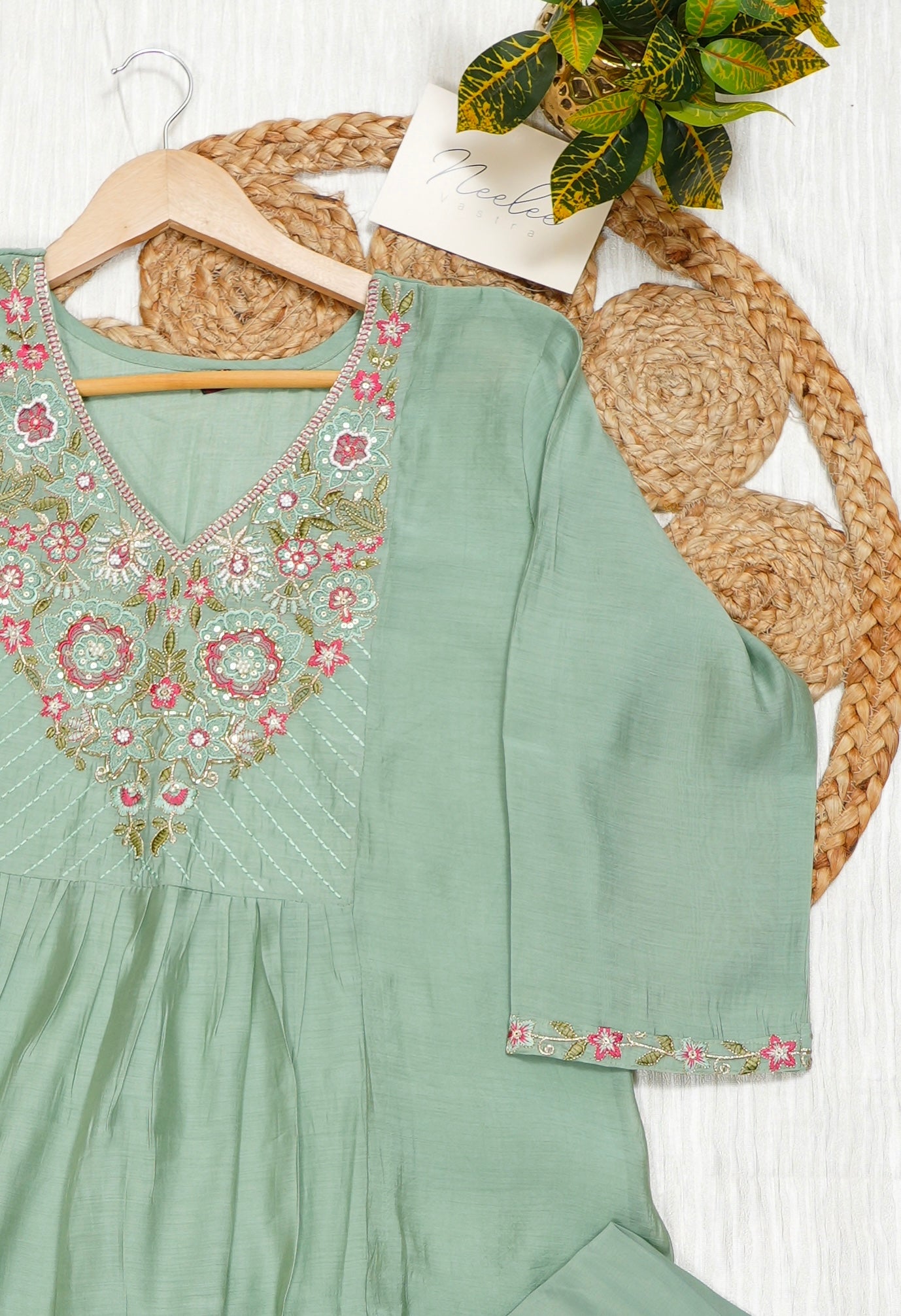 Mul Chanderi Embroidered A-Line Kurta Set with Pant and Embroidered Dupatta - NV011