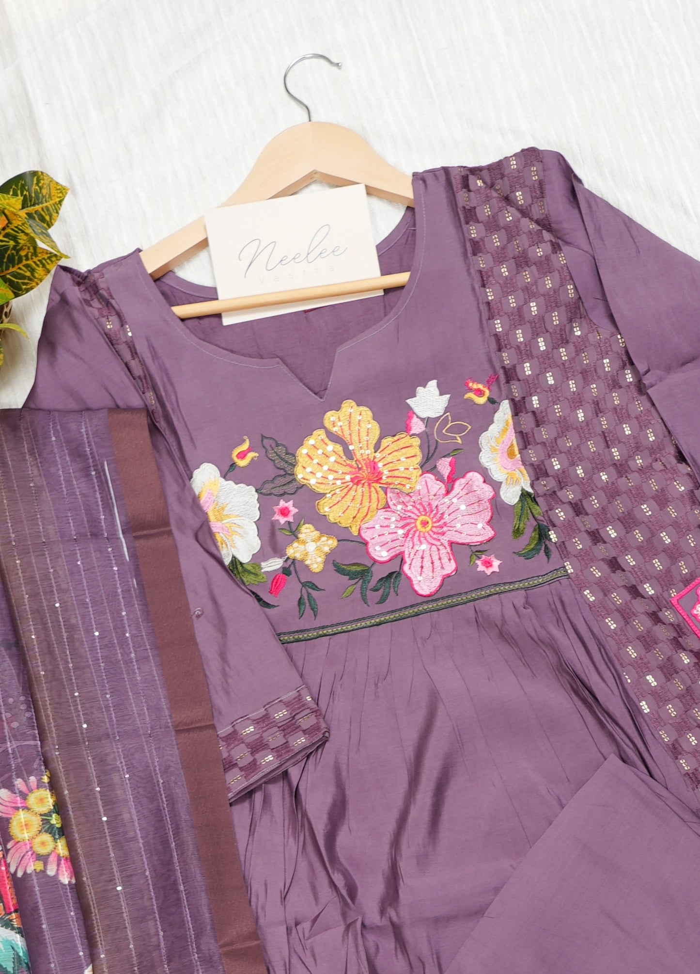 Roman Silk A-line Kurta Set with Pant & Dupatta - NV019