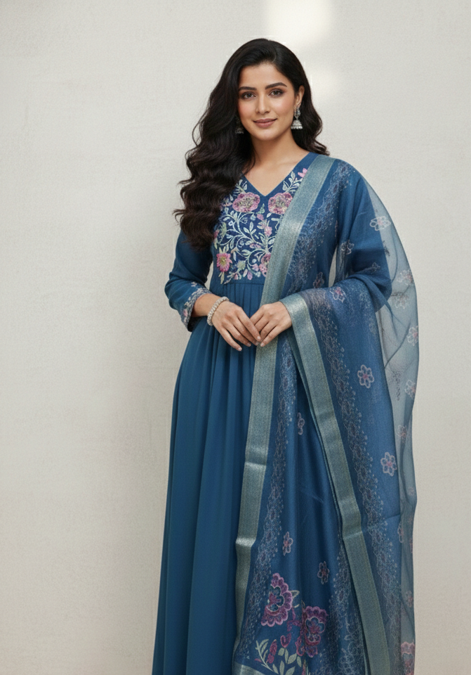 Vertican Silk Embroidered A-Line Kurta with Straight Pant and Printed Dupatta - NV009