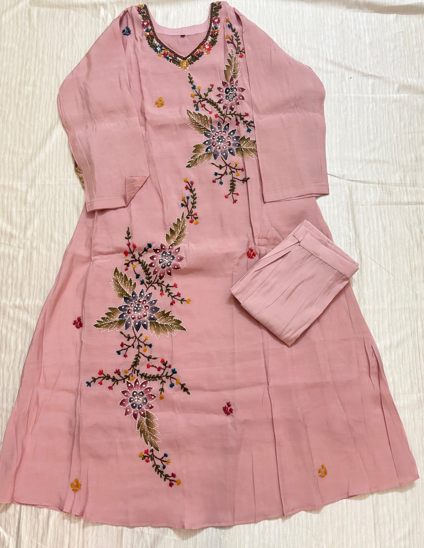 Mul Chanderi A-line Kurtha set with Pant & Dupatta - NV027