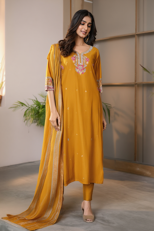 Viscose Kurthi Pant Set with Banaras Dupatta - NV007