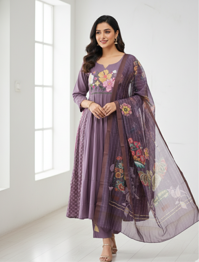 Roman Silk A-line Kurta Set with Pant & Dupatta - NV019