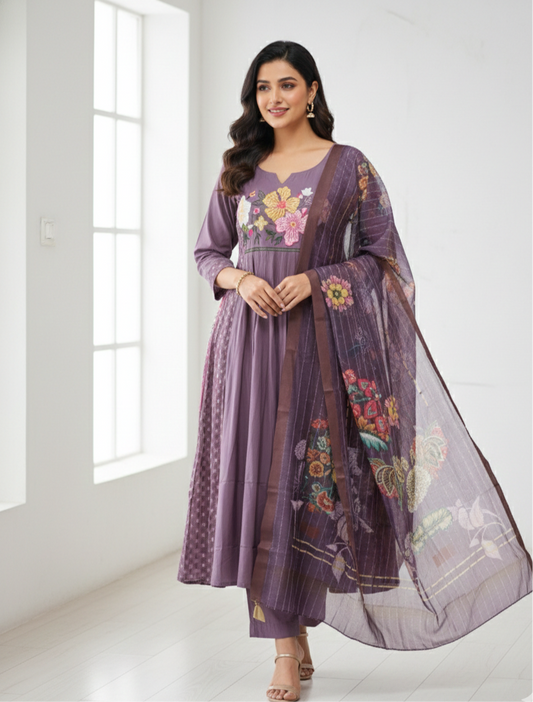 Roman Silk A-line Kurta Set with Pant & Dupatta - NV019